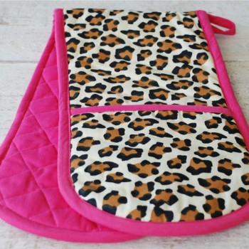 Double Oven Gloves Pink Leopard
