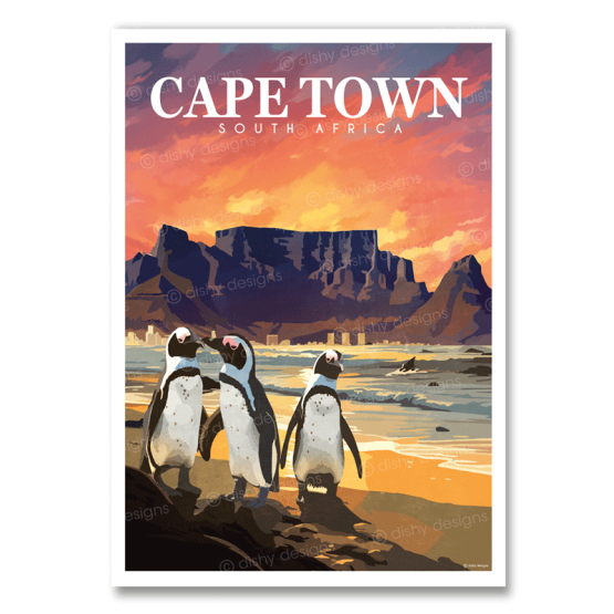 Cape Town Penguins art print featuring Table Mountain