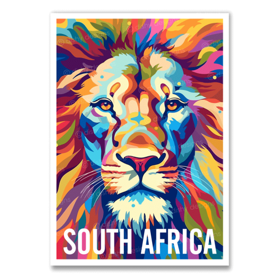 South Africa lion art print featuring a colourful lion